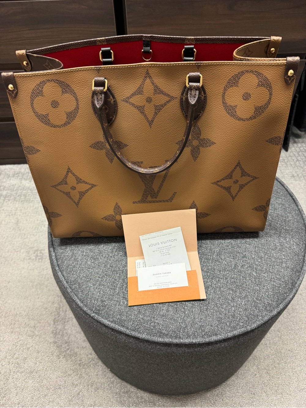 Louis Vuitton Tan Monogram Tote with Red Interior